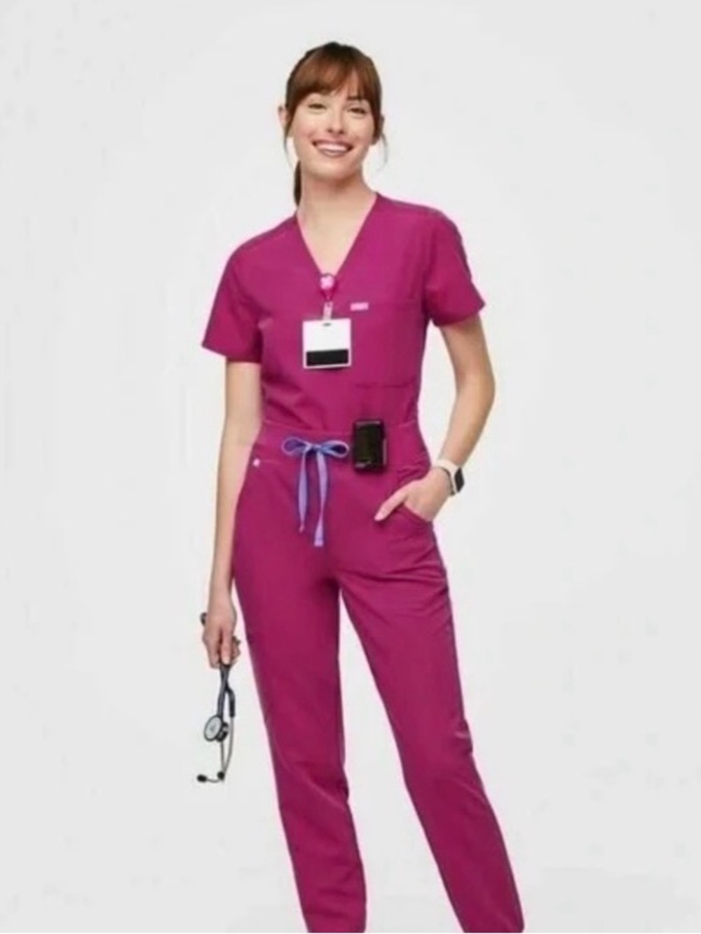 Figs Hot Pink Scrub Set with Blue Drawstring